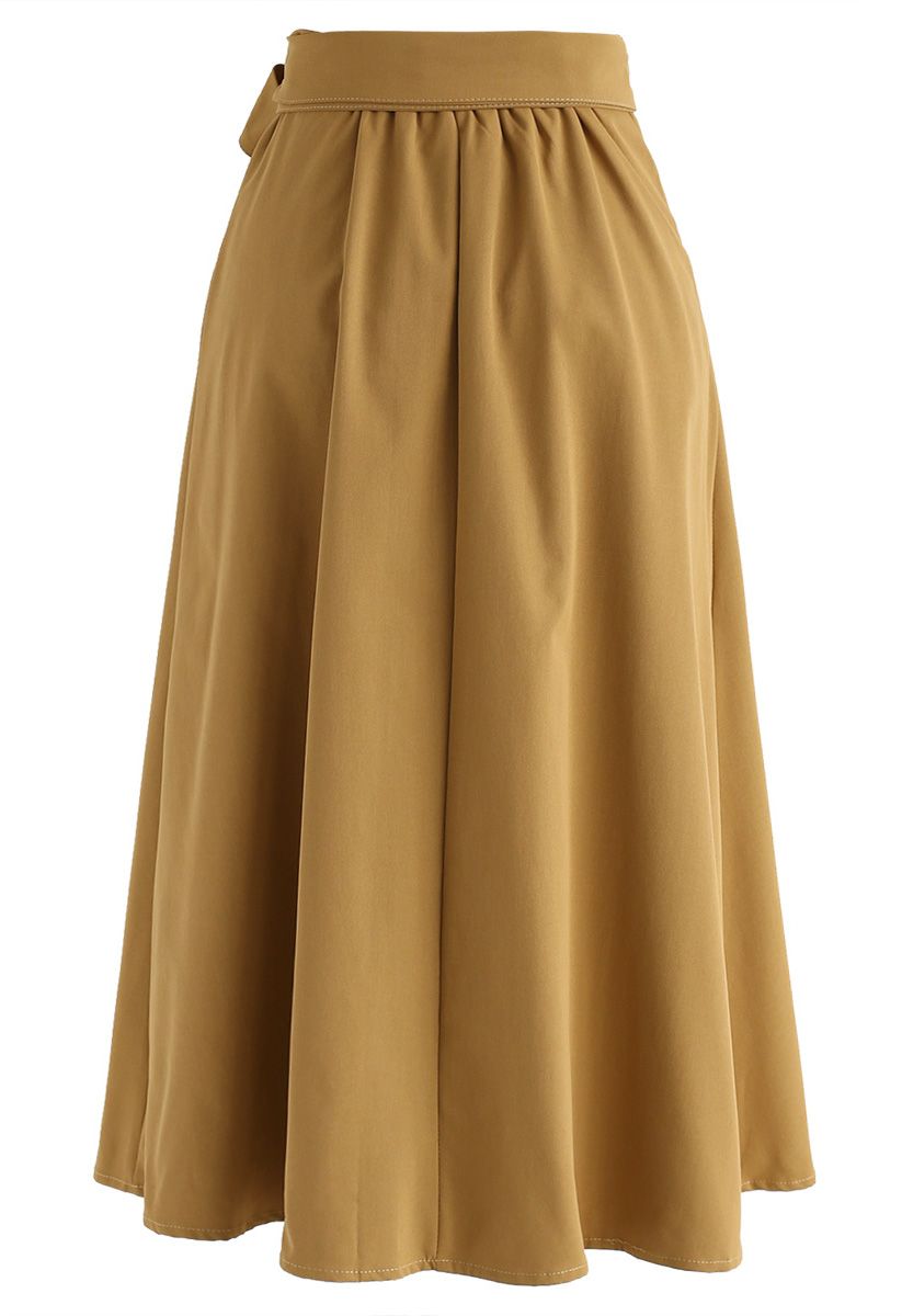 Basics Collection A-Line Midi Skirt in Tan - Retro, Indie and Unique ...