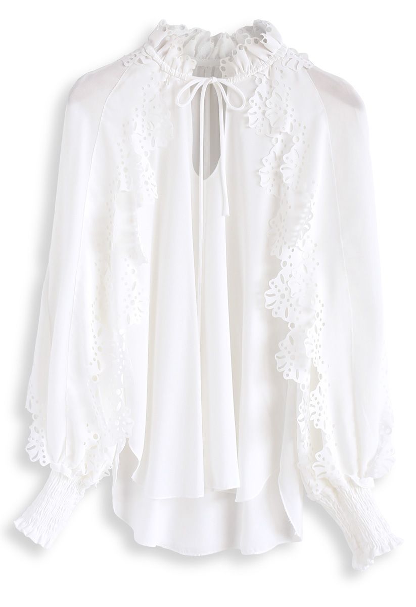 Pretty Delicate Eyelet Ruffle Chiffon Top in White - Retro, Indie and ...