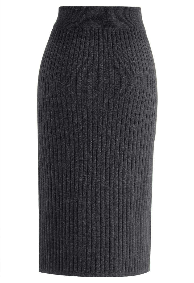 Button the Charm Ribbed Knit Pencil Skirt in Grey