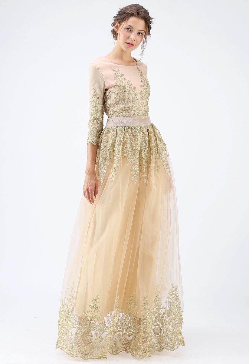 Everlasting Beauty Golden Embroidery Gown Dress in Apricot