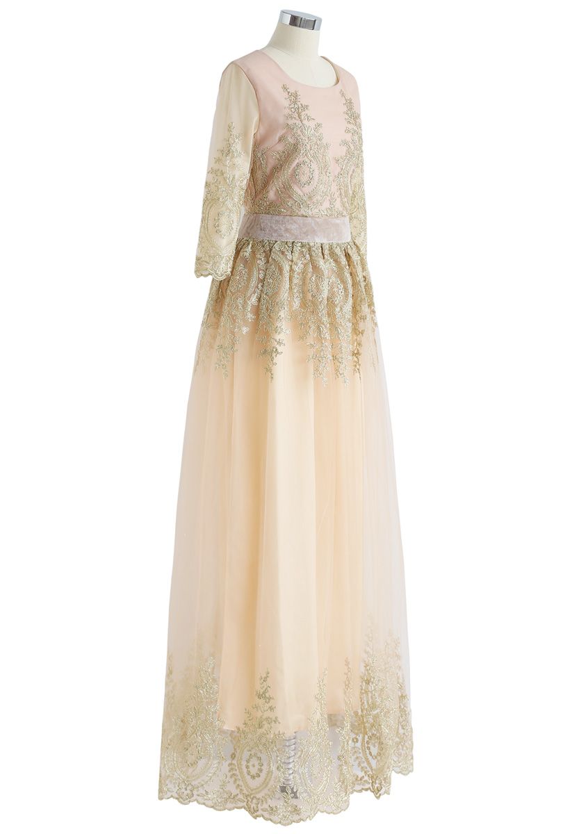 Everlasting Beauty Golden Embroidery Gown Dress in Apricot