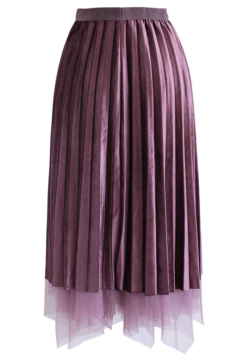 Mix and Match Velvet Mesh Pleated Skirt in Plum