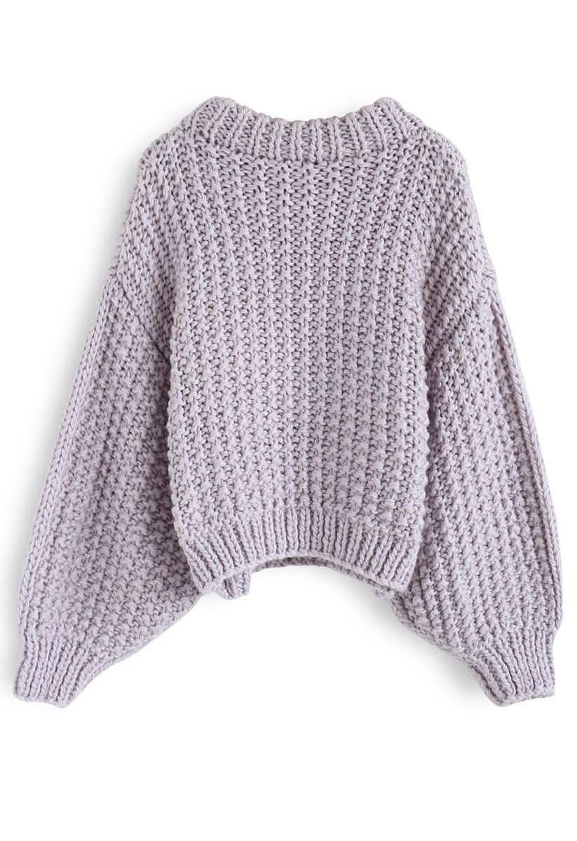 Chunky Chunky Puff Sleeves Cropped Sweater in Lavender