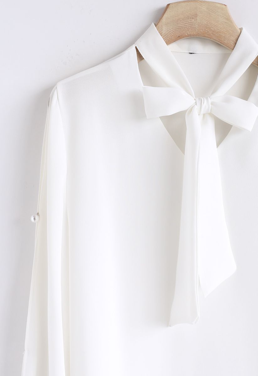 Base on Pearls Bowknot Chiffon Top in White