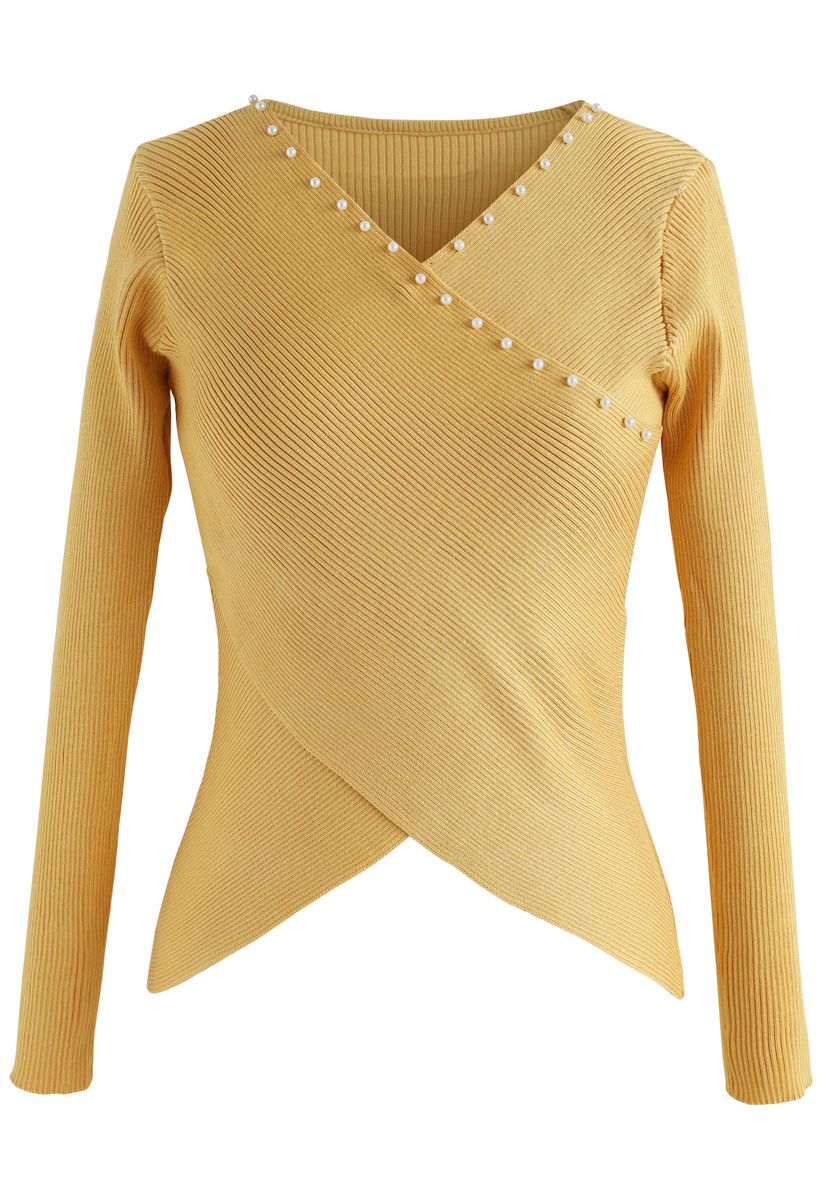 Pearls Lover Wrapped Knit Top in Yellow - Retro, Indie and Unique Fashion