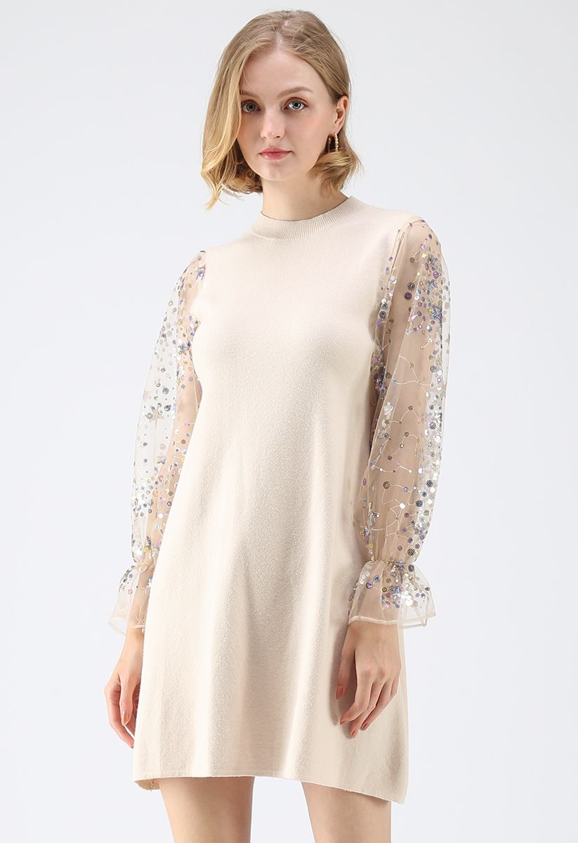 Sparkle Sequins Knit Shift Dress in Cream