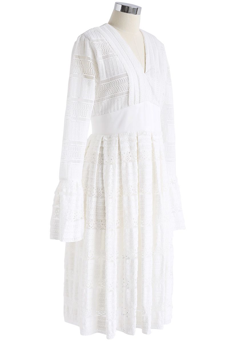 Exclusive Glamour V-Neck Crochet Lace Dress in White