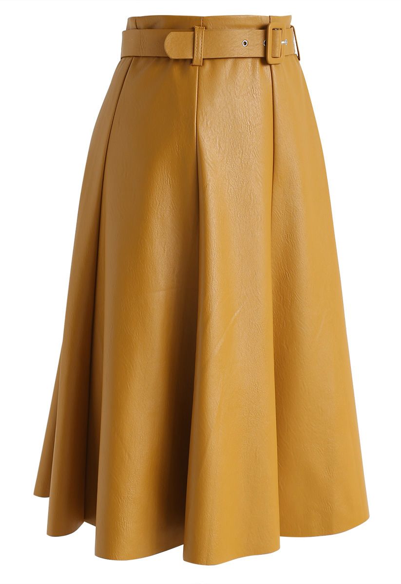 The Night Wind Faux Leather Midi Skirt in Mustard - Retro, Indie and ...