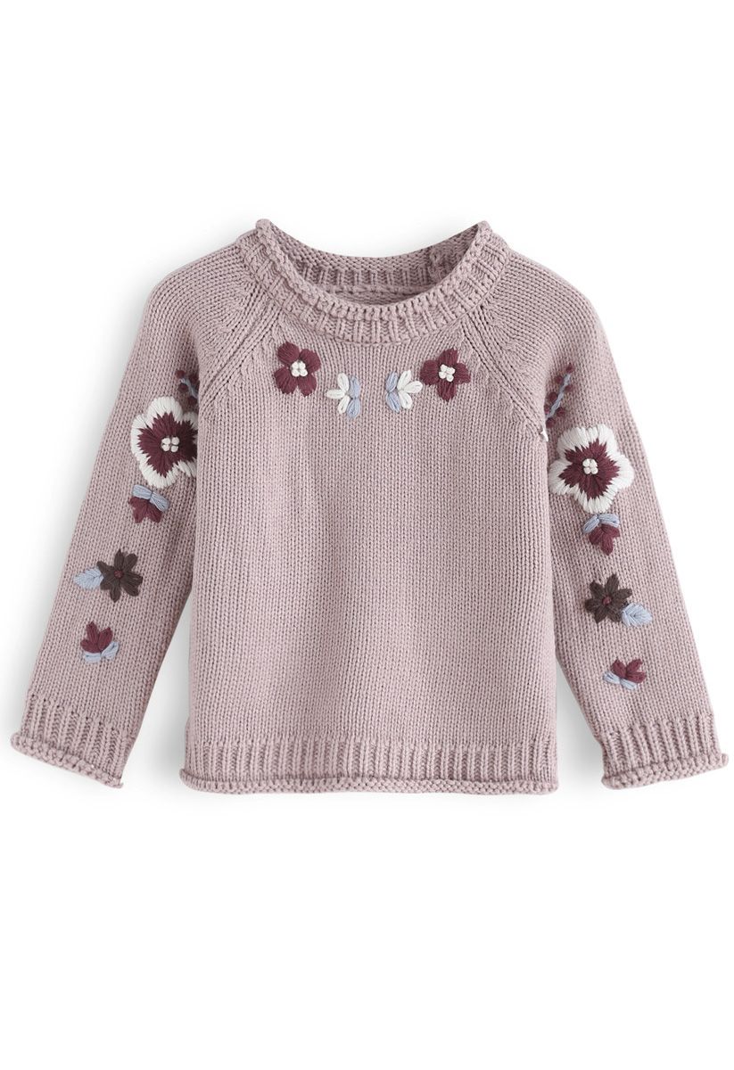 Add More Flowers Embroidered Sweater in Dusty Pink For Kids