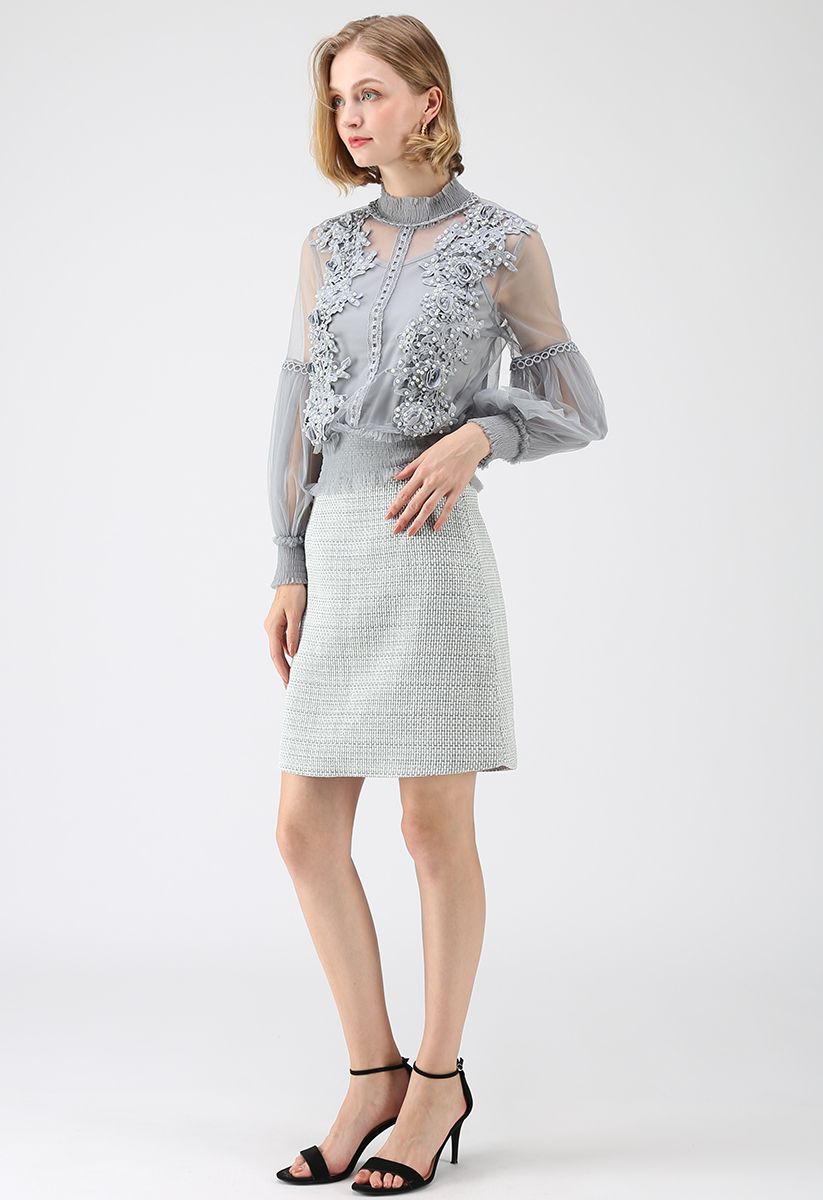 Stand There Texture Tweed Bud Skirt in Blue