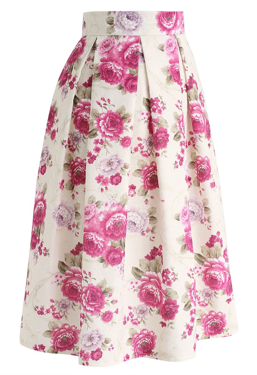 Floral Vintage Embossed Pleated Midi Skirt in Cream