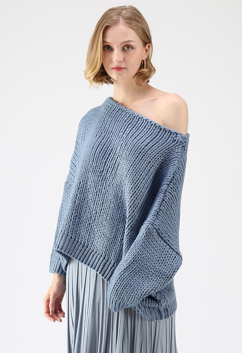 The Other Side of Chunky Hand Knit Sweater in Dusty Blue