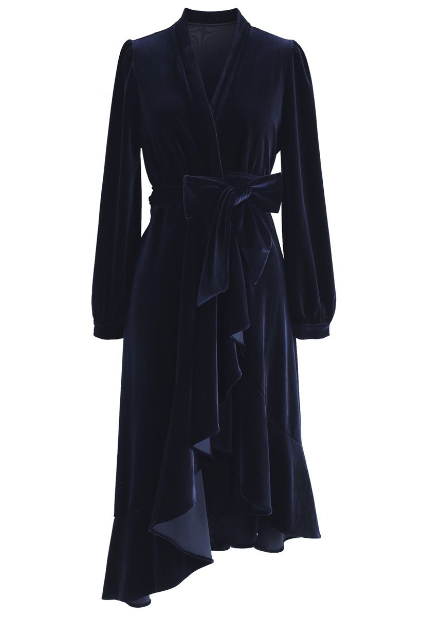 Midnight Blue Asymmetric Wrap Velvet Dress - Retro, Indie and Unique ...