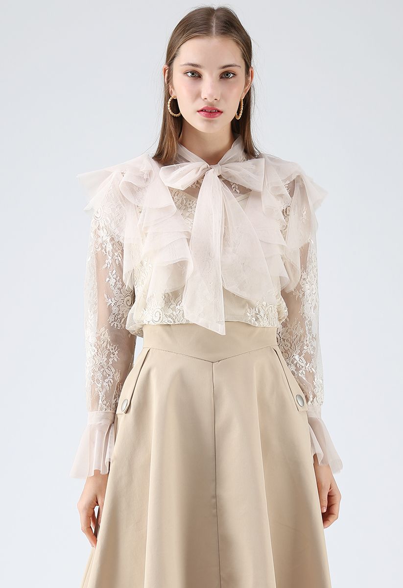 Floral and Ruffle Bowknot Lace Top in Cream - Retro, Indie and Unique ...