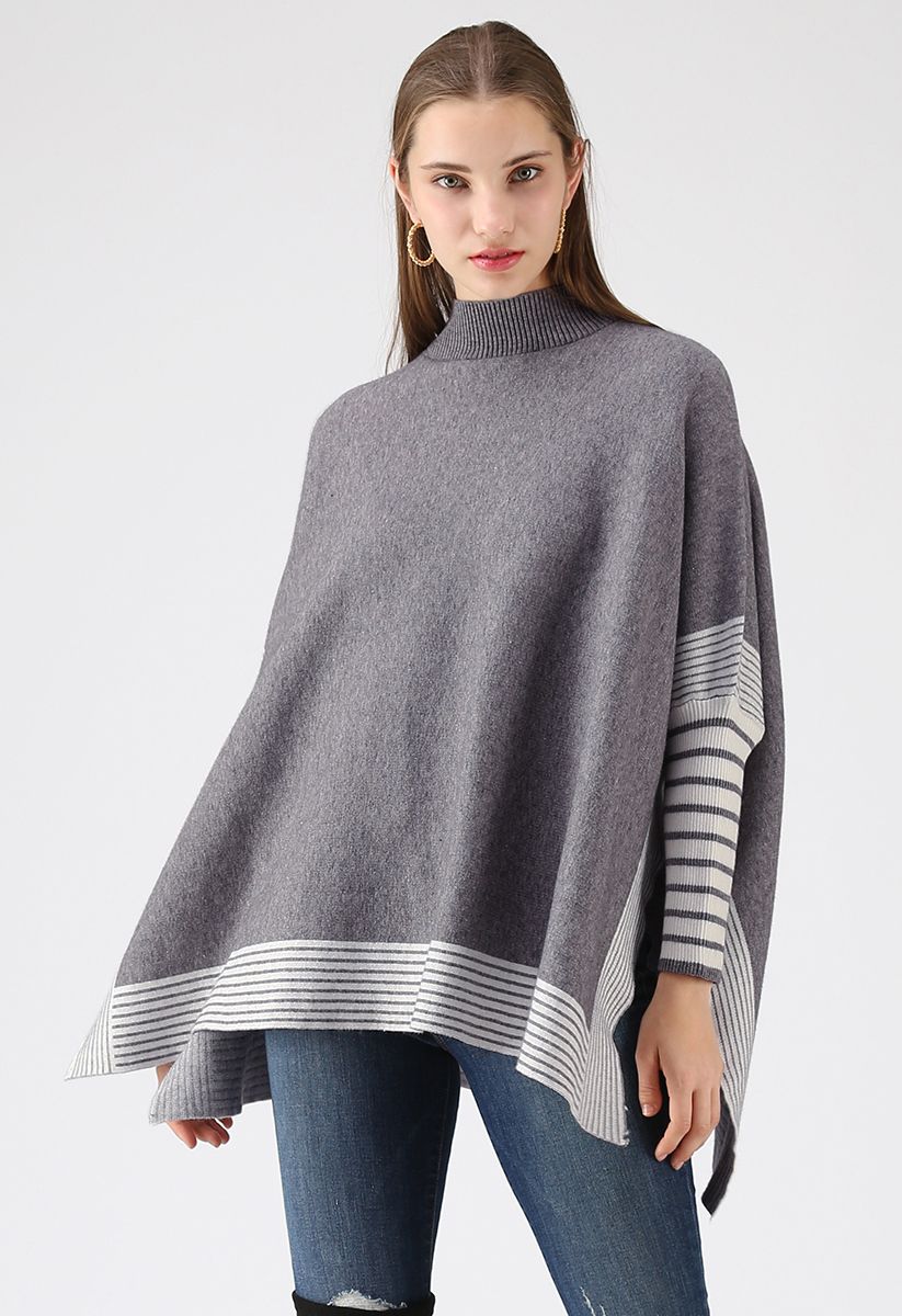 Lie in Grey Fields Striped Oversize Knit Cape Sweater - Retro 
