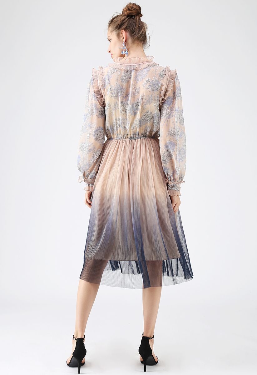 We Know It All Gradient Long Sleeves Pleated Mesh Tulle Dress