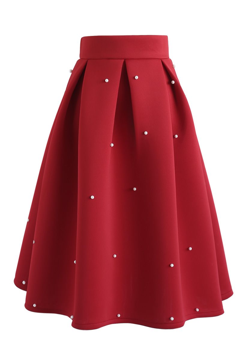 Pearls Bliss Airy Pleated Midi Skirt in Red