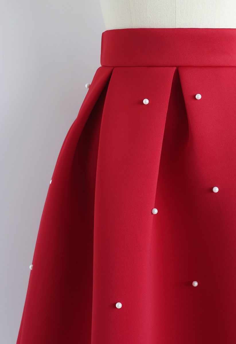 Pearls Bliss Airy Pleated Midi Skirt in Red