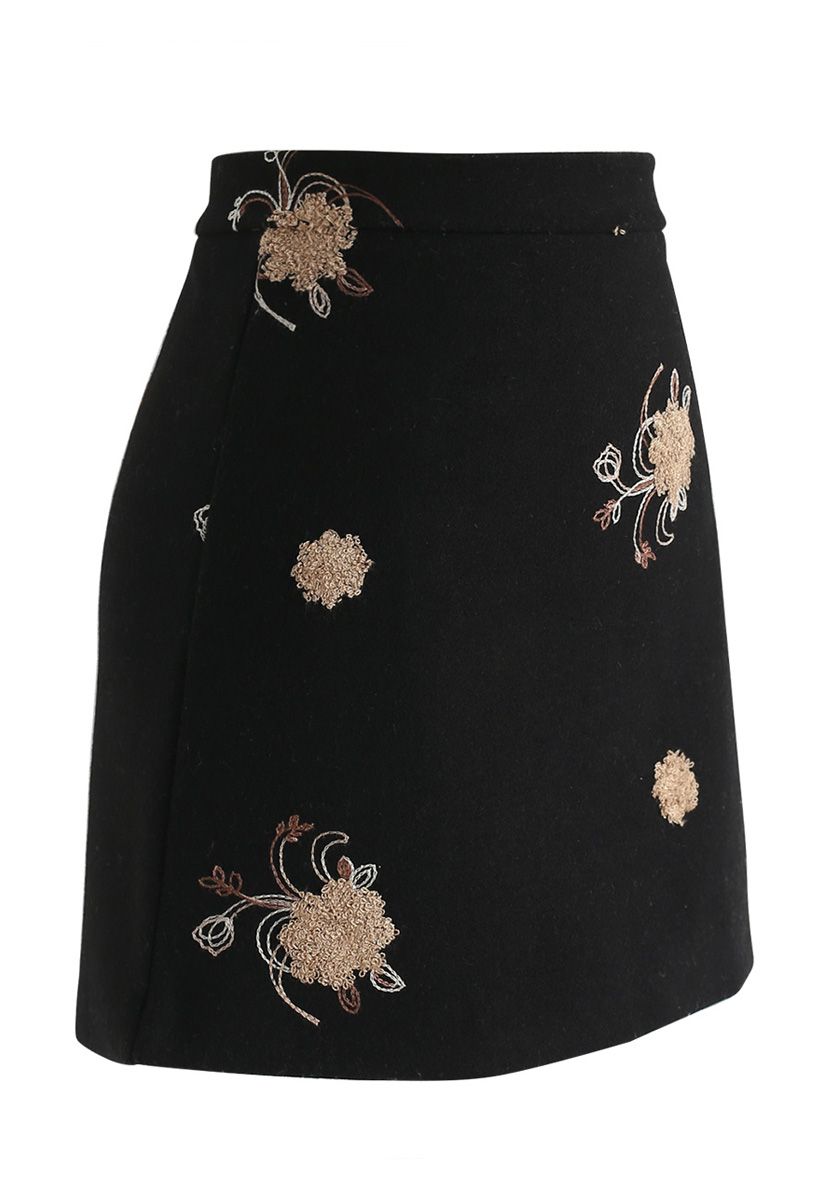 Pleased To Be Bouquet Wool-Blend Mini Skirt in Black - Retro, Indie and ...