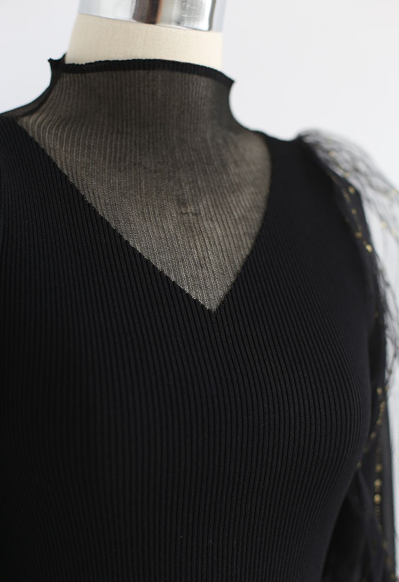 Duly Dreamy Mesh Sleeves Knit Top in Black