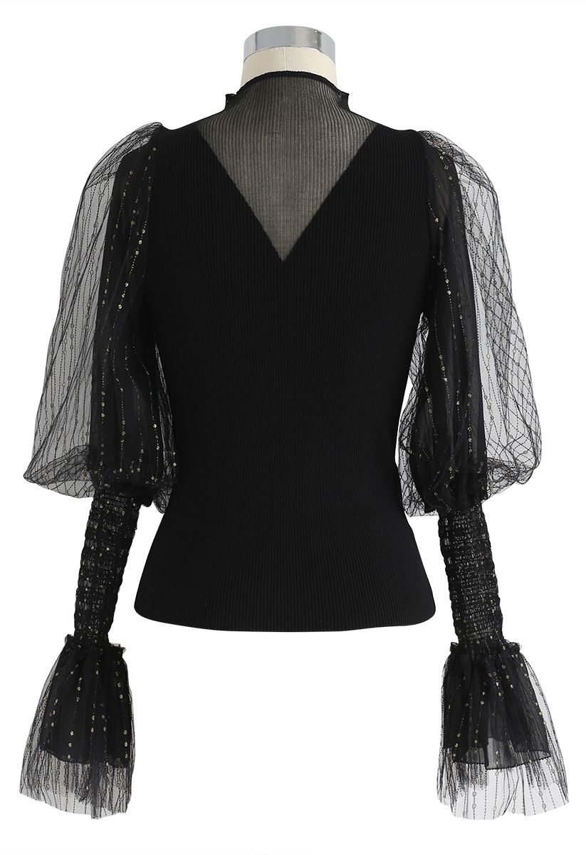Duly Dreamy Mesh Sleeves Knit Top in Black