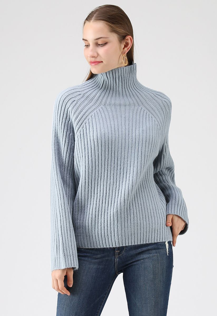 Come Across Me Ribbed Turtleneck Sweater in Dusty Blue