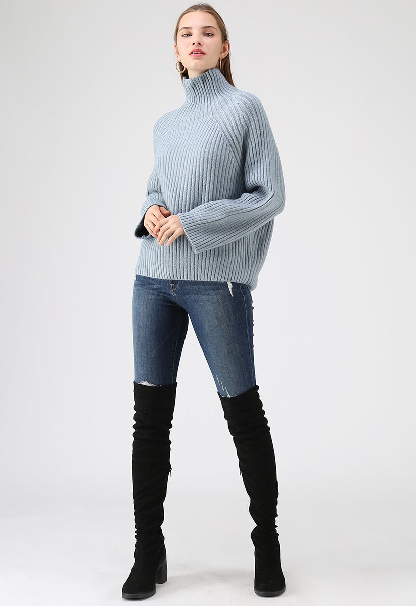 Come Across Me Ribbed Turtleneck Sweater in Dusty Blue