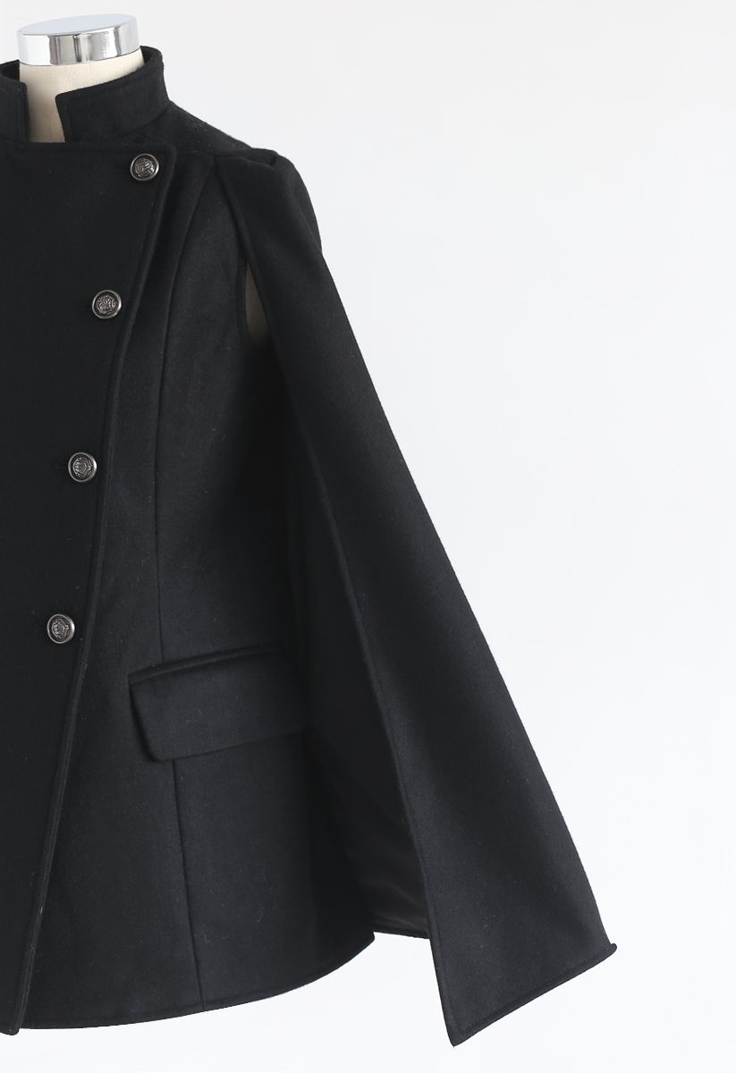 Royal Elegance Double-Breasted Cape Coat in Black