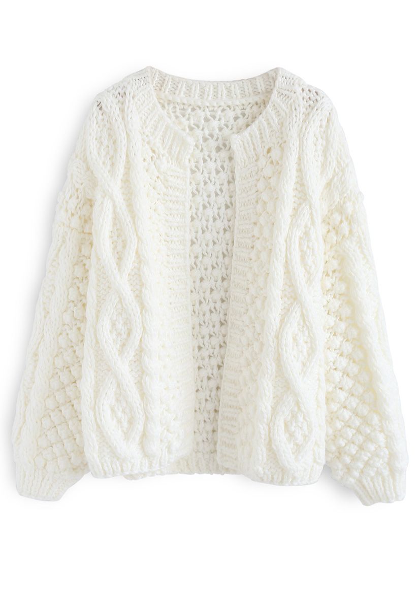 Wintry Morning Cable Knit Cardigan in White