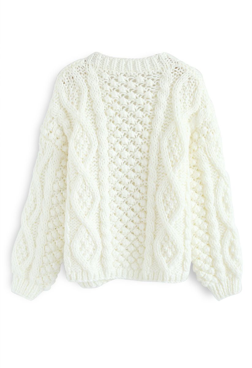 Wintry Morning Cable Knit Cardigan in White