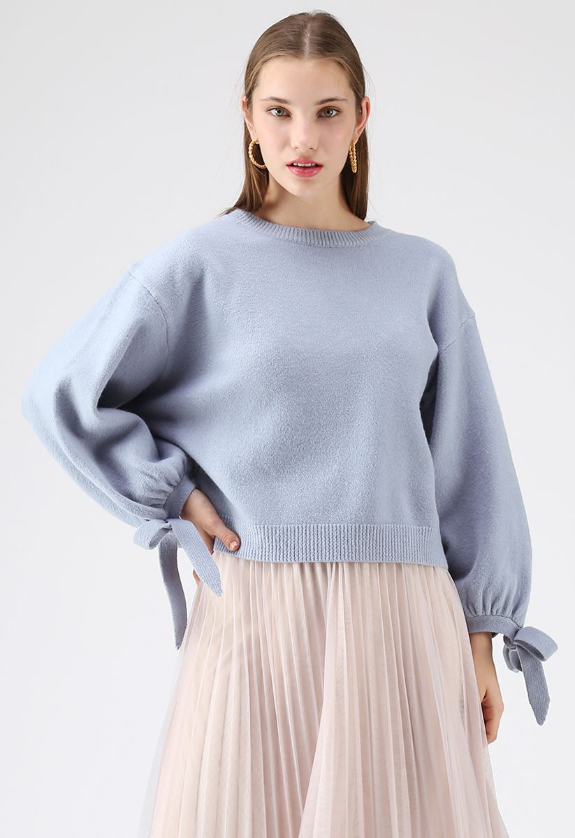 Muted Softness Bowknot Knit Sweater in Dusty Blue - Retro, Indie and ...