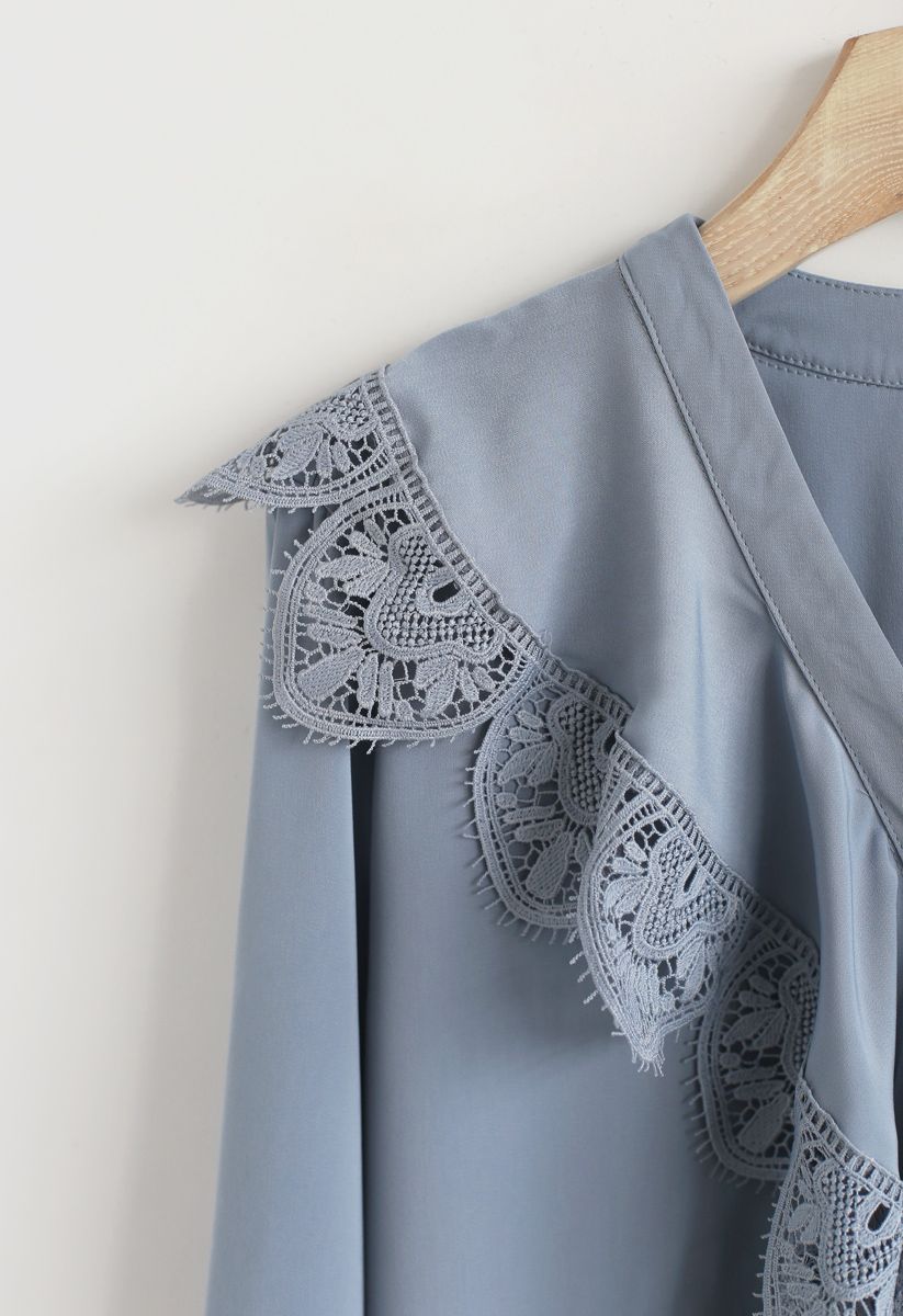 Sense of Serenity Crochet Trims Top in Dusty Blue