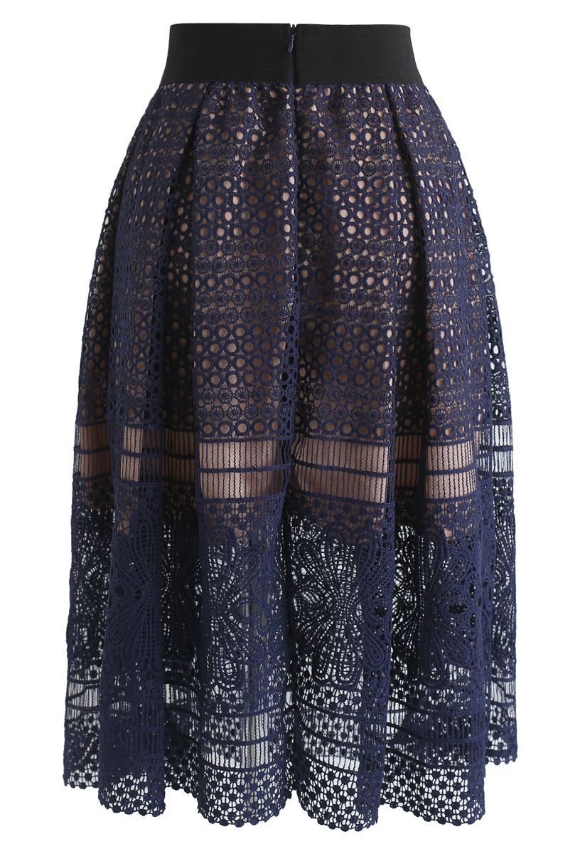 Here Comes Blossom Crochet Midi Skirt in Navy - Retro, Indie and Unique ...