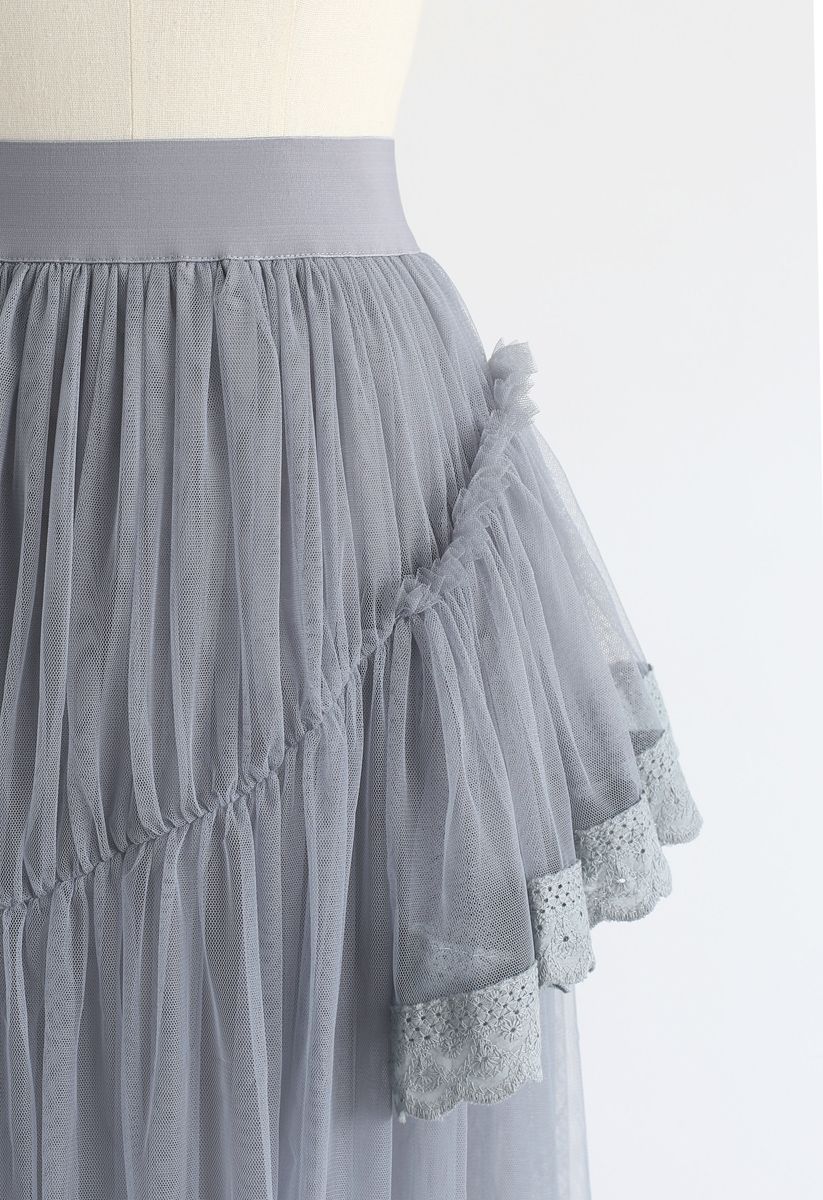 Walk On Cloud Asymmetric Ruffle Tulle Skirt in Grey