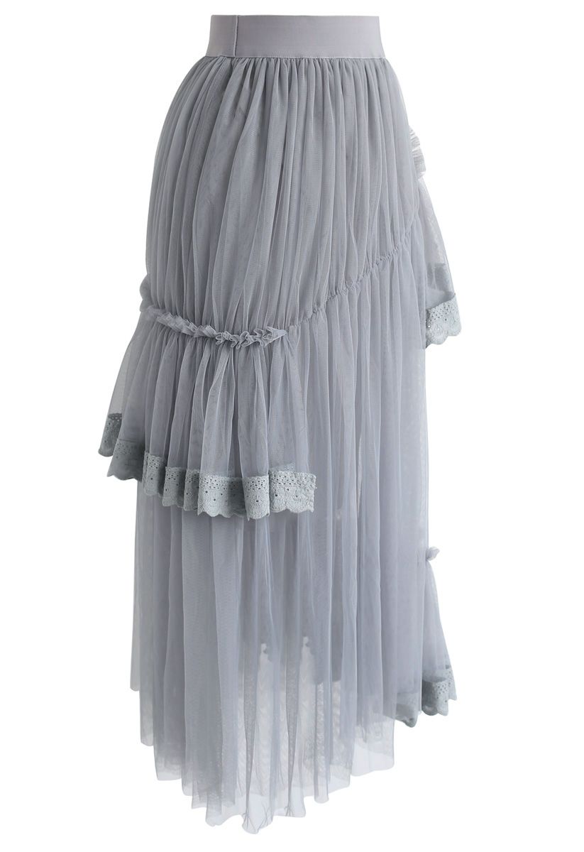 Walk On Cloud Asymmetric Ruffle Tulle Skirt in Grey - Retro, Indie and ...