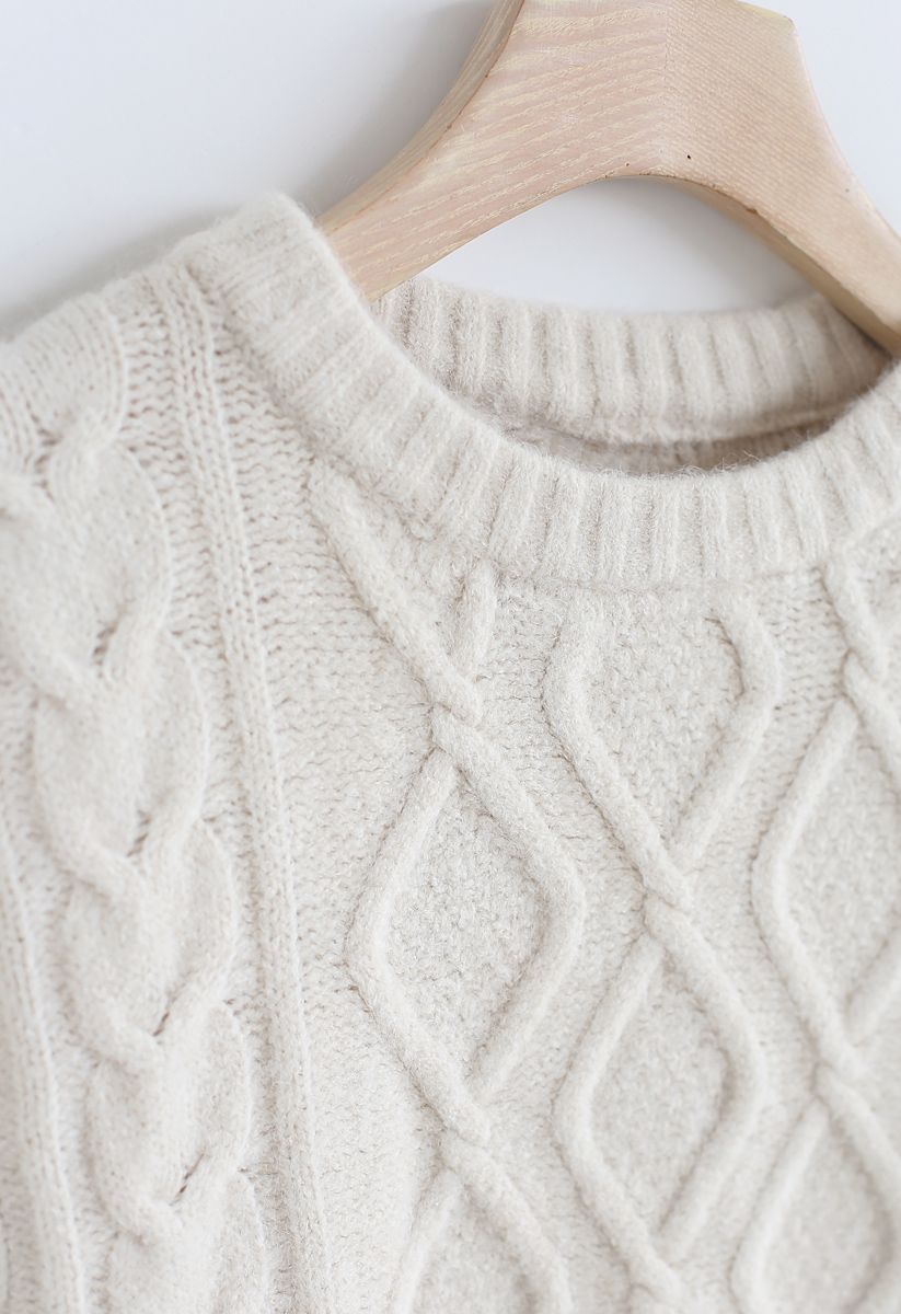 Cable Knit Bliss Longline Sweater in Sand - Retro, Indie and Unique Fashion