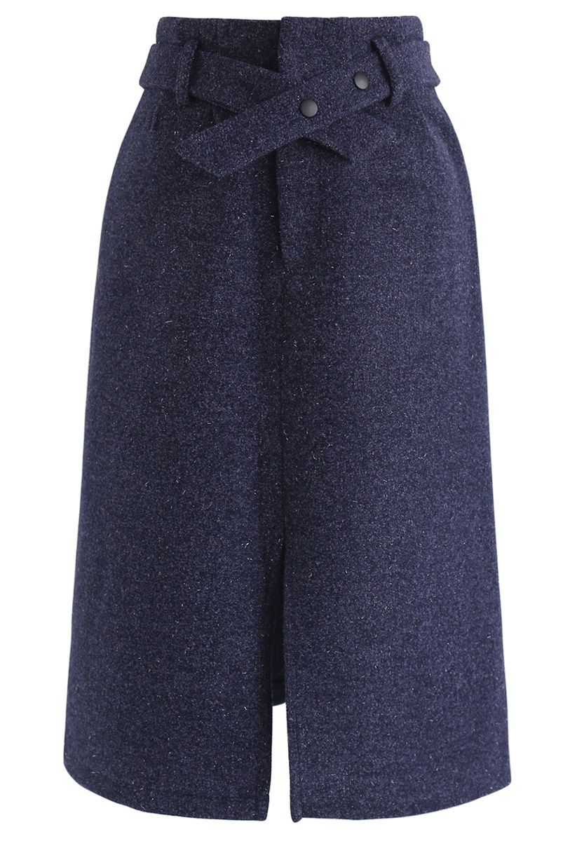 You Know I Know Wool-Blended Midi Skirt in Navy