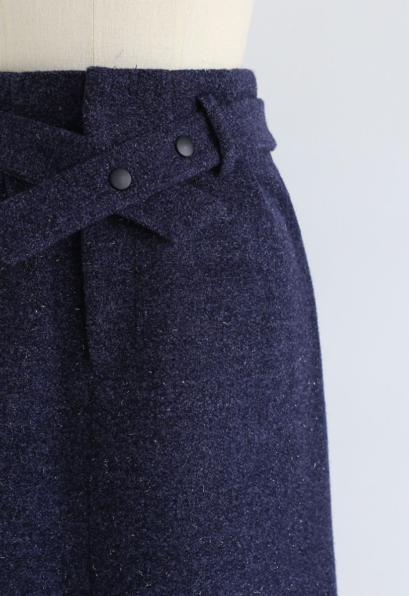 You Know I Know Wool-Blended Midi Skirt in Navy