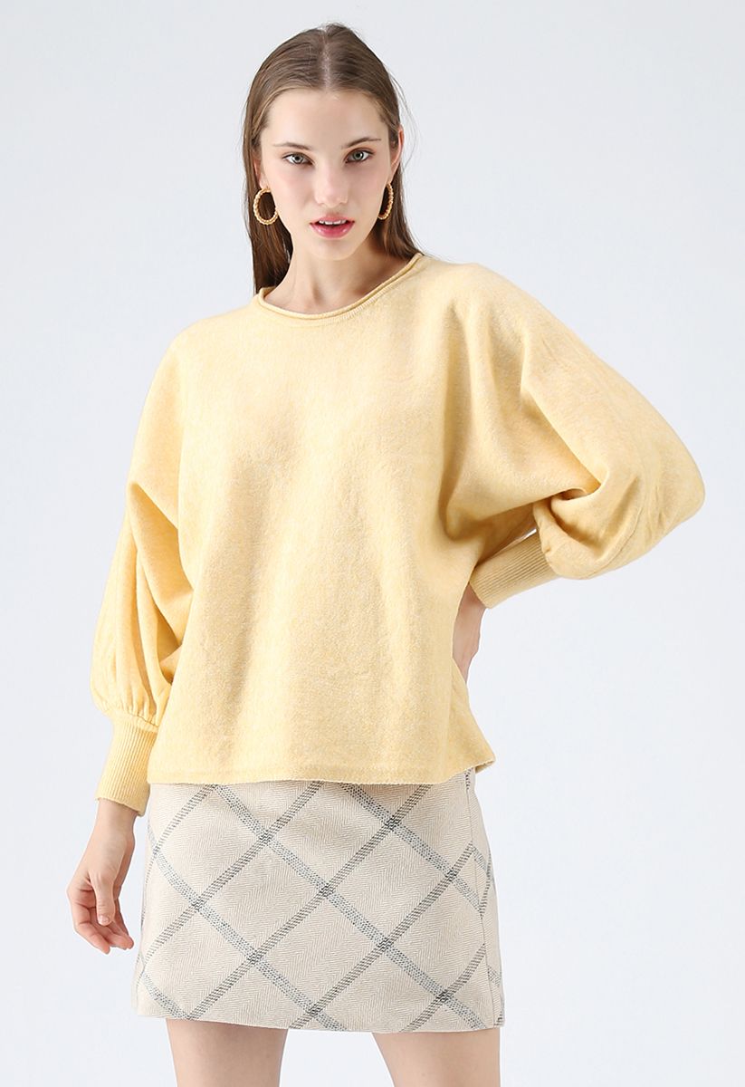 Dreamy Macaron Bubble Sleeves Knit Sweater in Yellow