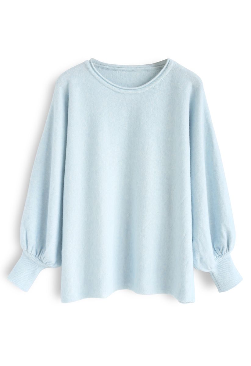 Dreamy Macaron Bubble Sleeves Knit Sweater in Baby Blue