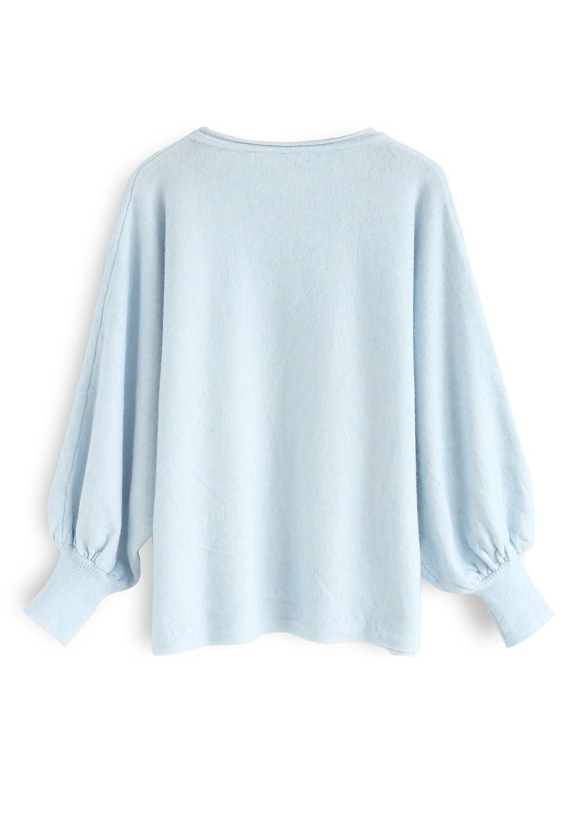 Dreamy Macaron Bubble Sleeves Knit Sweater in Baby Blue