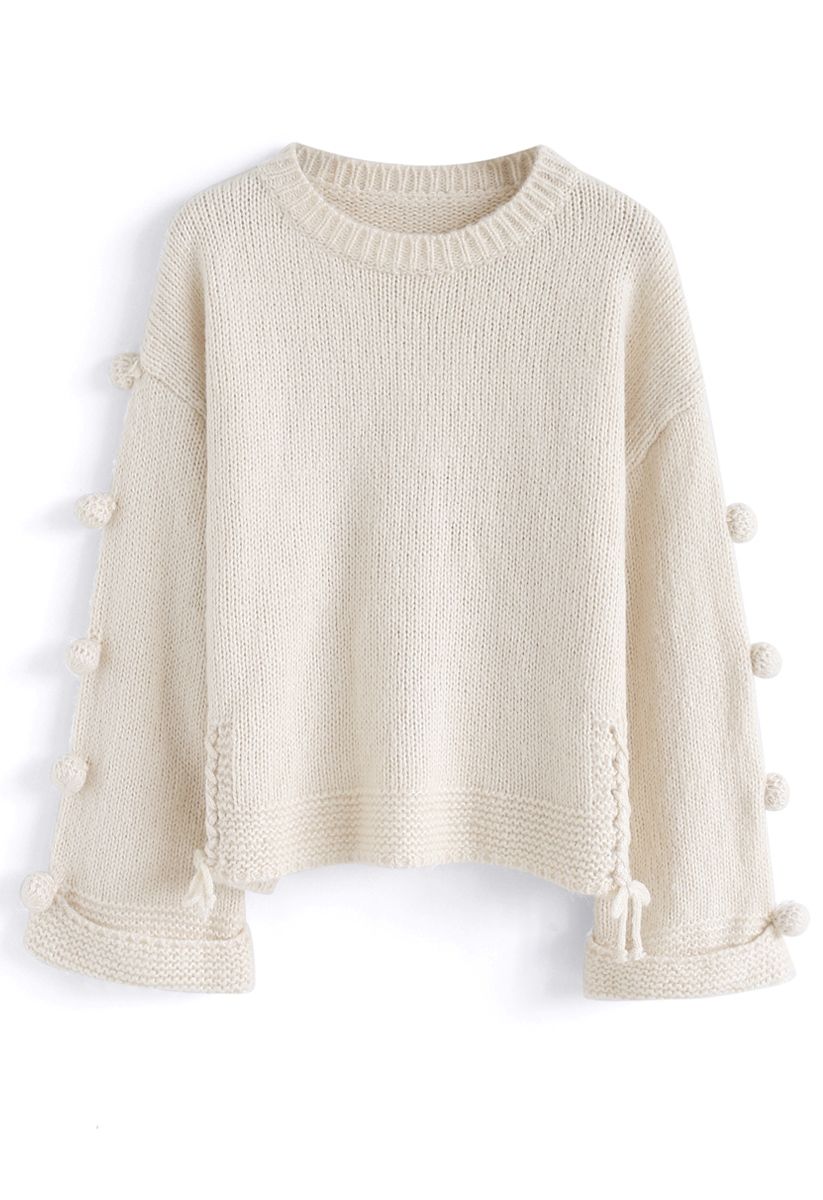 Warming Signal Pom-Pom Knit Sweater in Cream