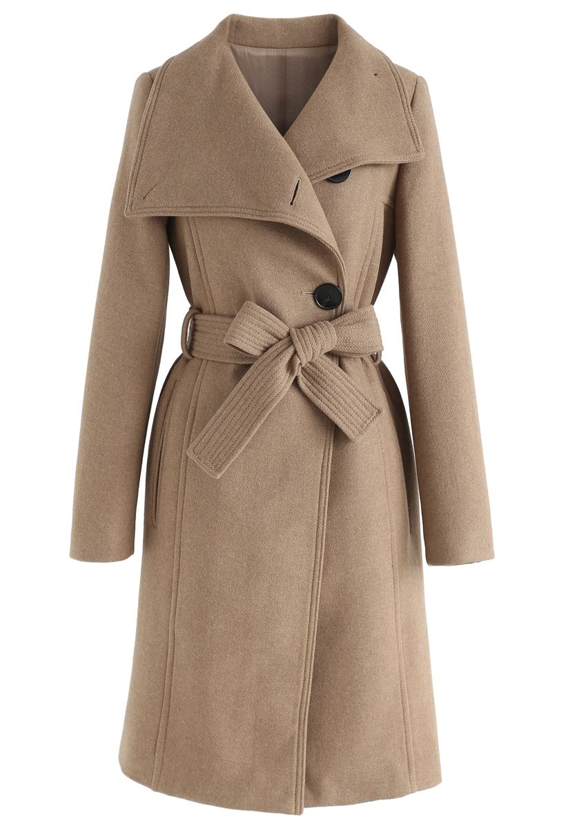 Urban Vogue Belted Wool-Blend Coat in Tan - Retro, Indie and Unique Fashion