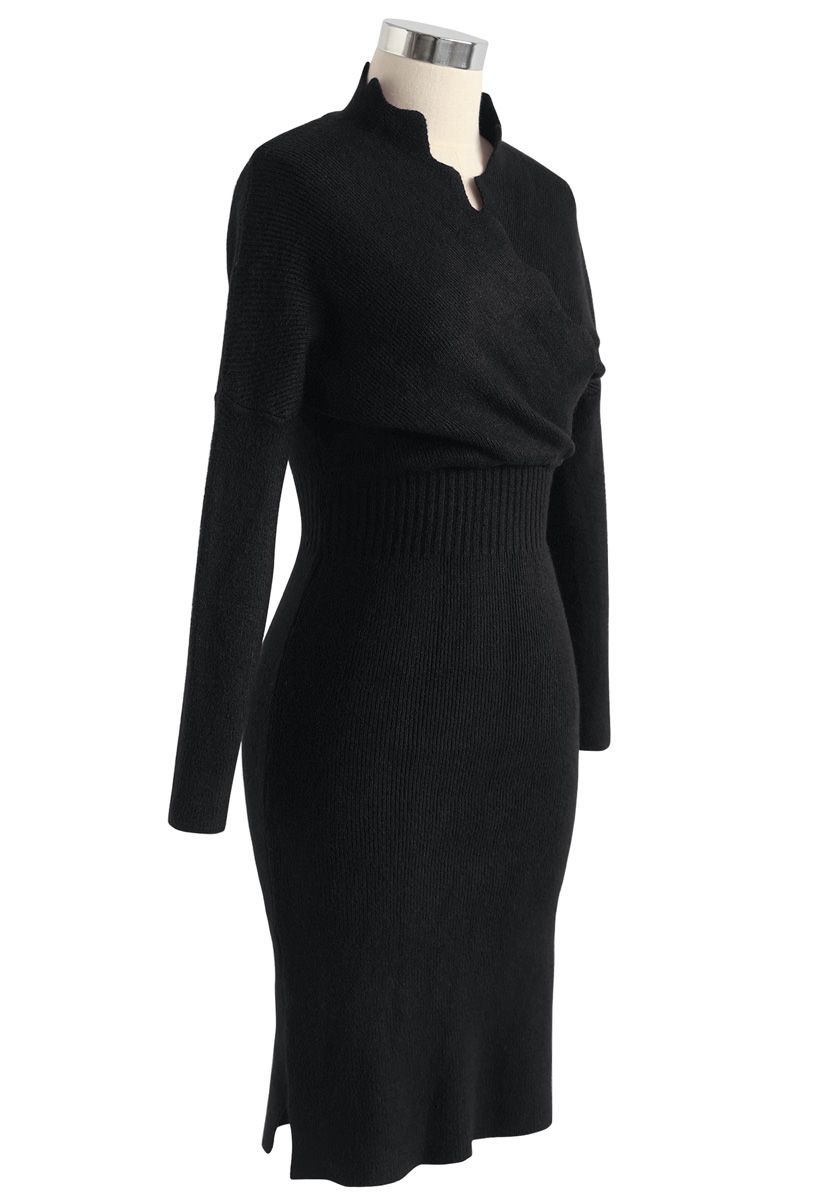 Cafe Time Wavy Wrap Knit Dress in Black - Retro, Indie and Unique Fashion