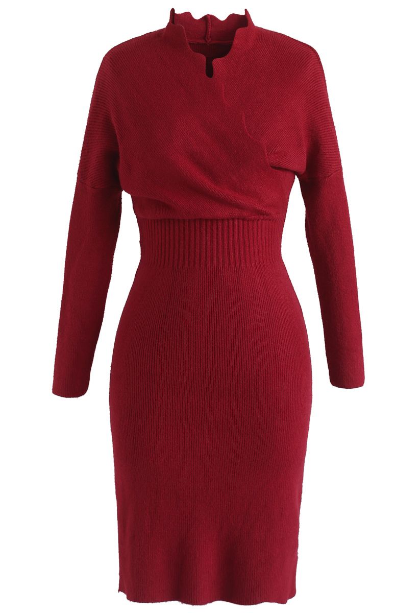 Cafe Time Wavy Wrap Knit Dress in Red - Retro, Indie and Unique Fashion