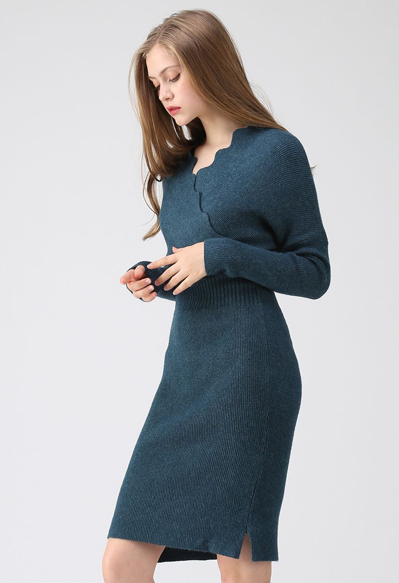 Cafe Time Wavy Wrap Knit Dress in Teal