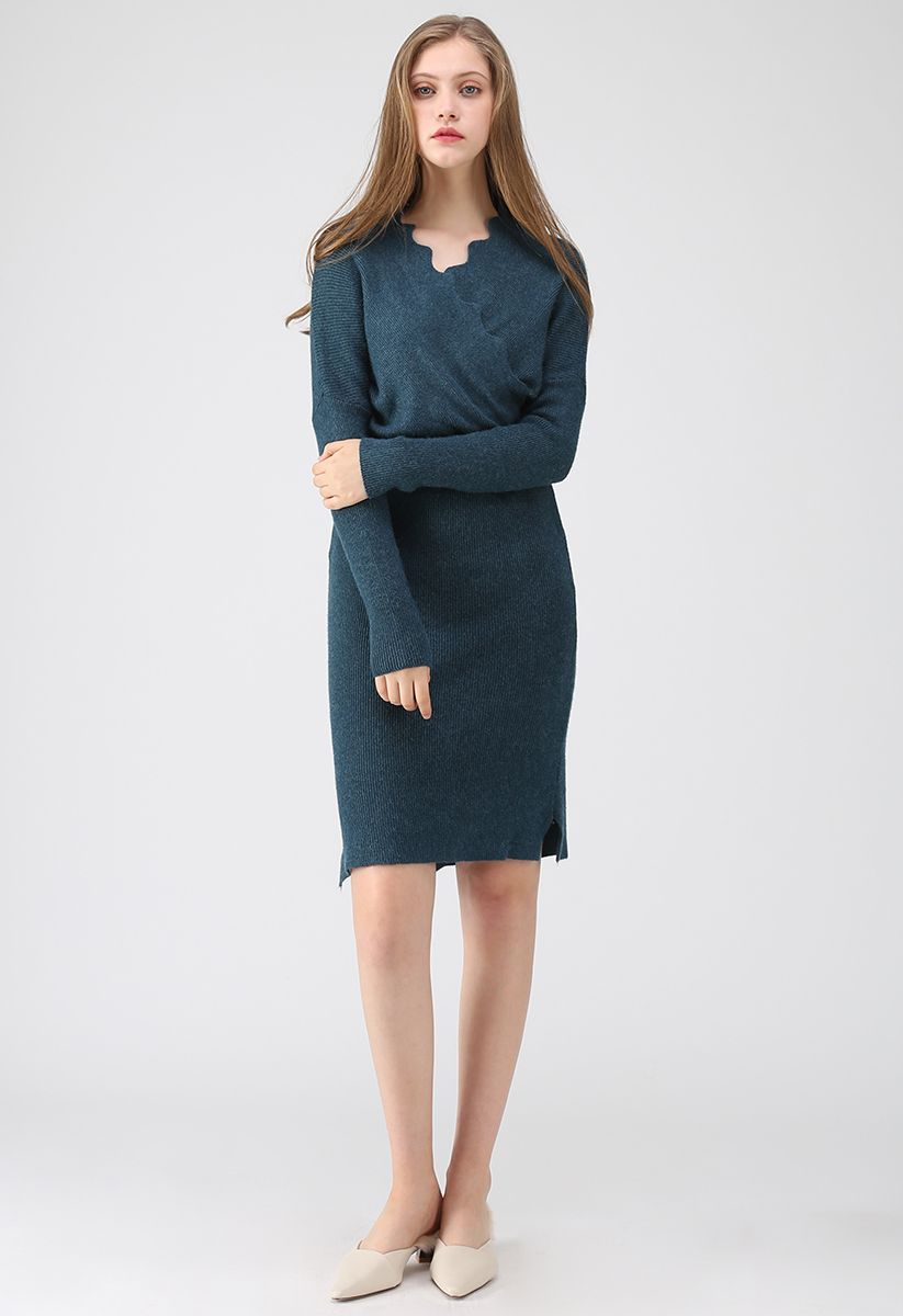 Cafe Time Wavy Wrap Knit Dress in Teal