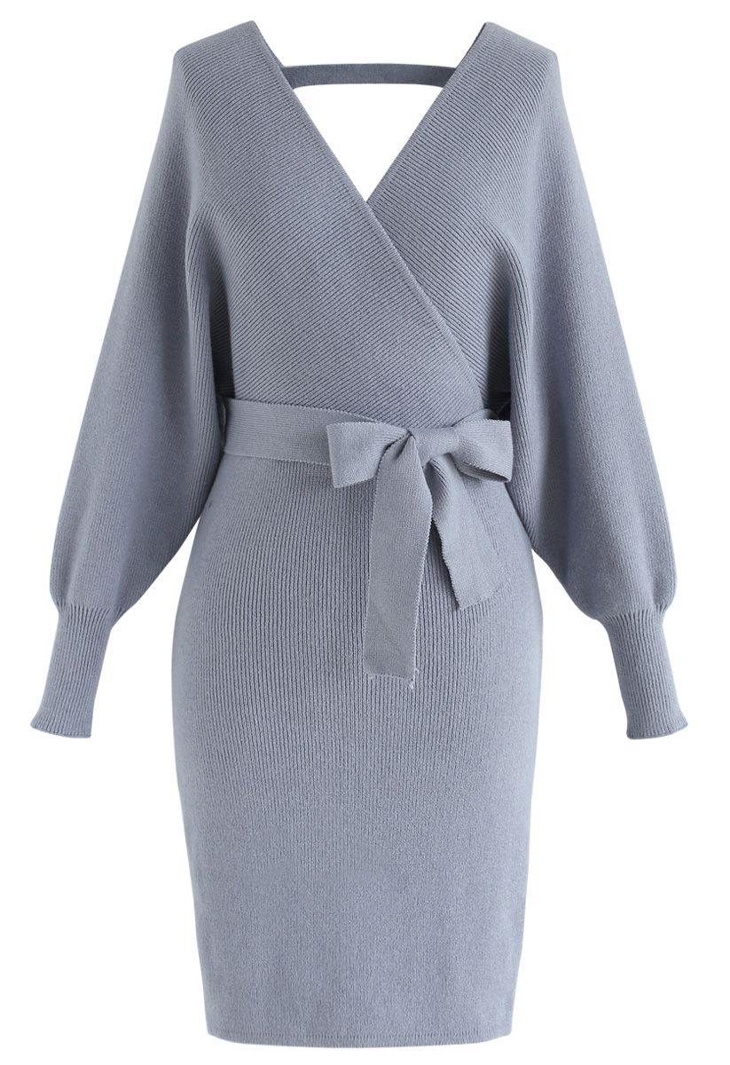 Modern Allure Wrapped Knit Dress in Dusty Blue - Retro, Indie and ...