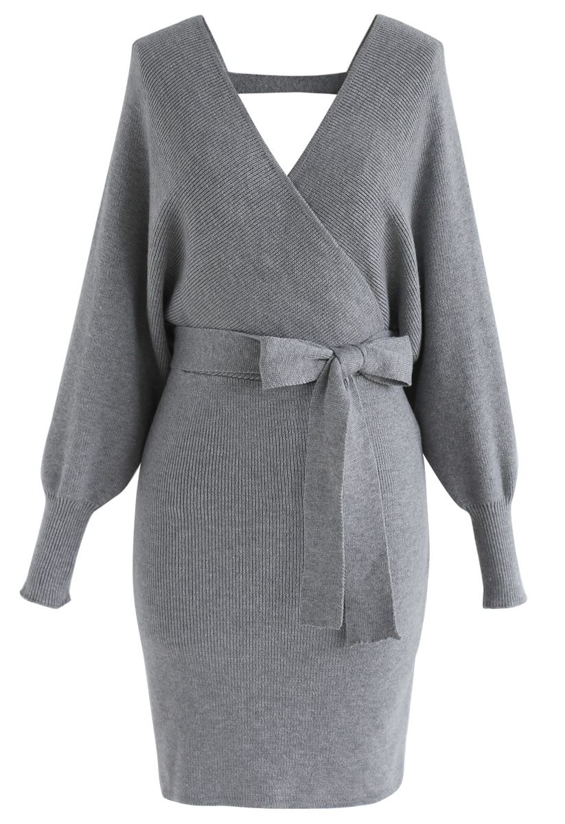 Modern Allure Wrapped Knit Dress in Grey - Retro, Indie and Unique Fashion