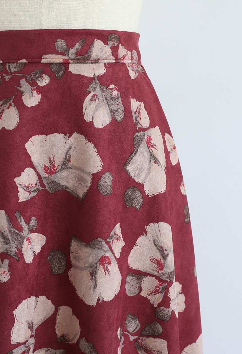Floral Impression Faux Suede Skirt in Red